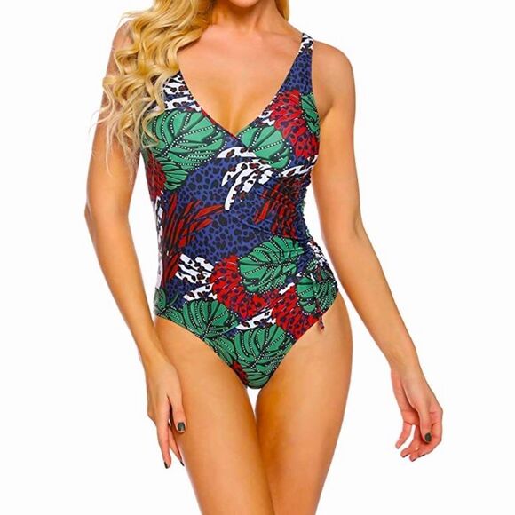 Tropical Forest Lace Up Waist One Piece Swimsuit M - Picture 1 of 13